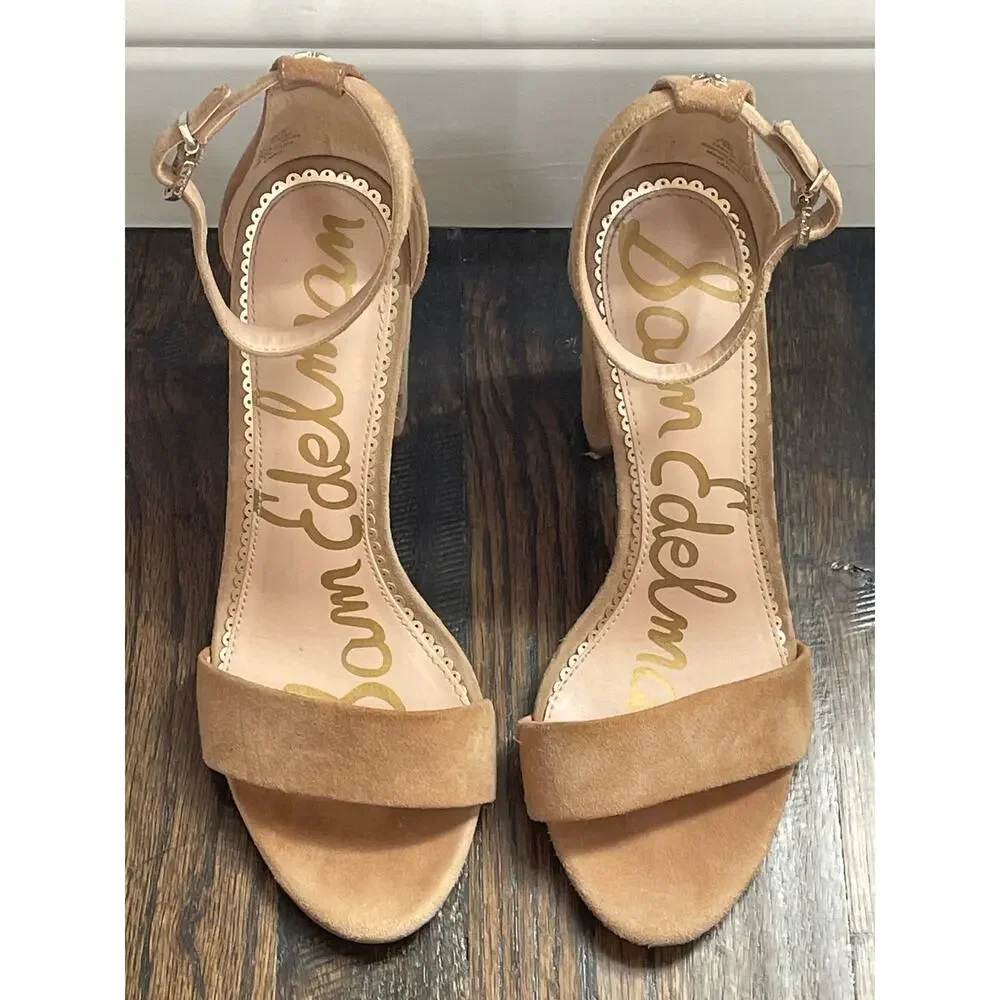 Sam Edelman Tan Suede Neutral Leather Block Heel Ankle Strap Sandals Size 7.5